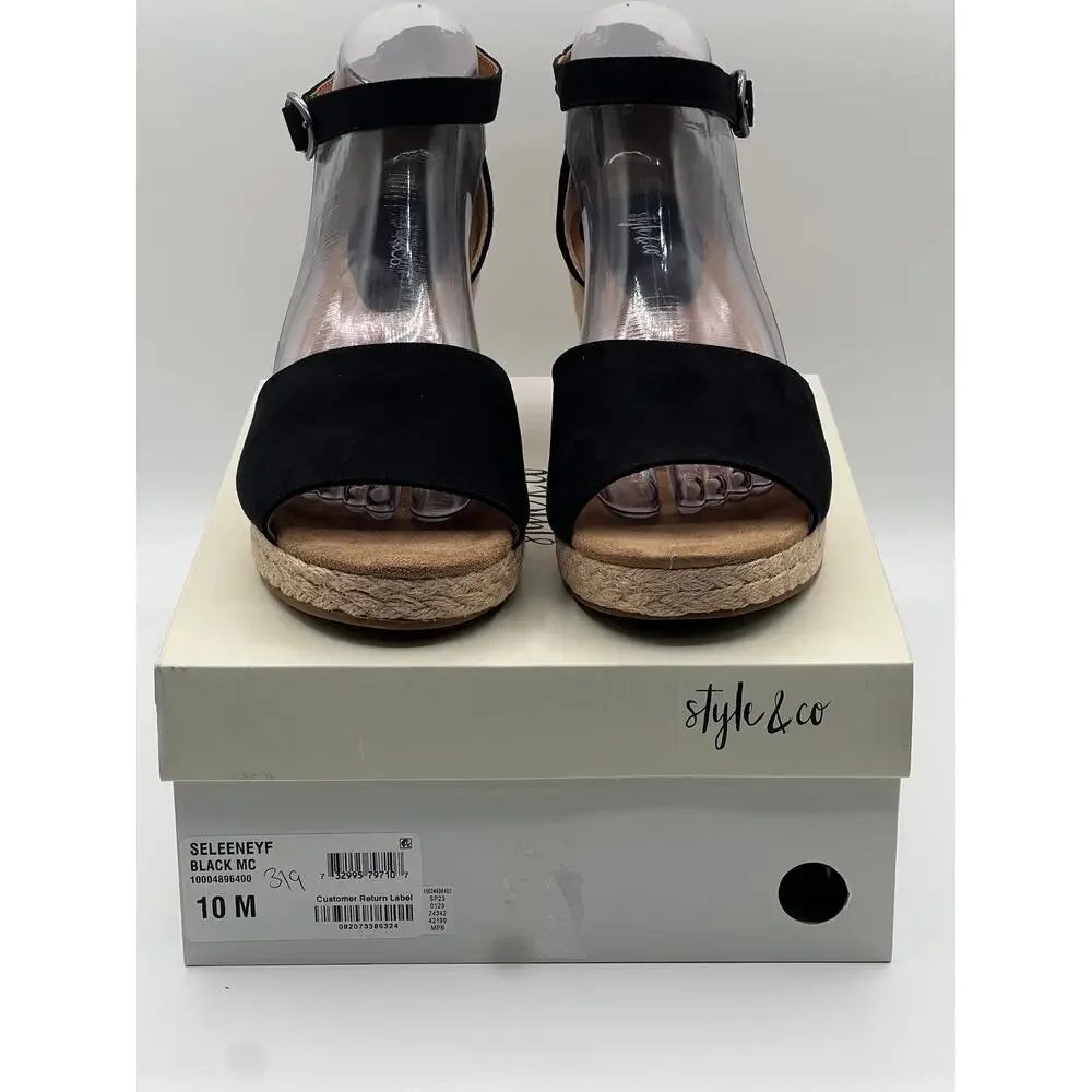 STYLE & CO WOMEN'S SELEENEY FAUX SUEDE WEDGE SANDALS BLACK 10W NEW